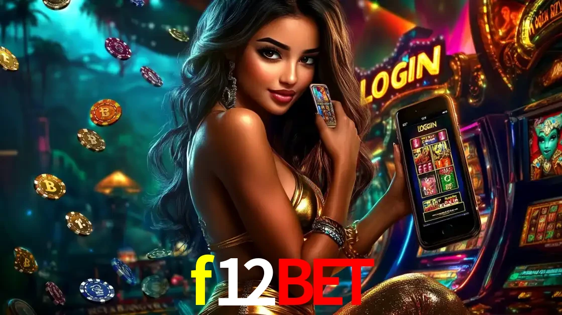 Mulher em um cenário de cassino temático de aventura, mostrando o app de caça-níqueis da f12bet no celular. Fichas de apostas flutuam ao redor.