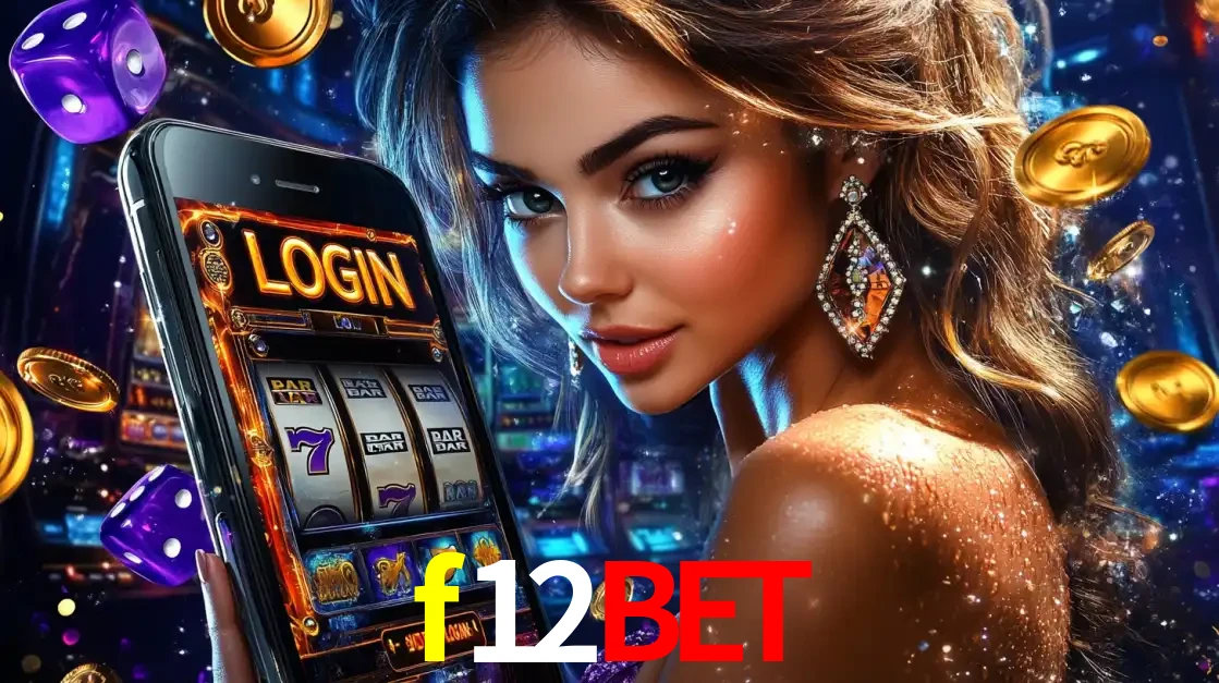 Mulher glamorosa segurando um smartphone com a tela de login para os jogos de caça-níqueis do cassino online f12bet, com moedas de ouro e dados ao redor.