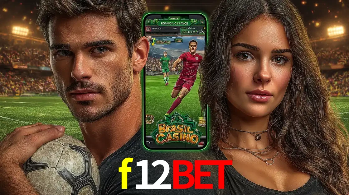 Homem segurando uma bola de futebol e uma mulher ao lado de um smartphone exibindo o jogo de apostas esportivas da f12bet. Faça seu palpite no cassino online.